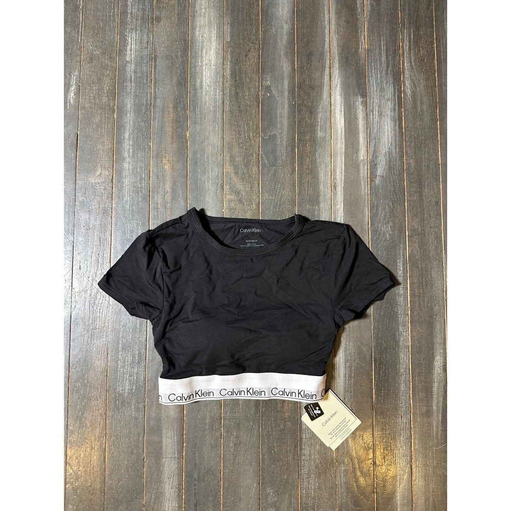 Calvin Klein Modern Cotton Black Short Sleeve Crop Top Logo Band NWT